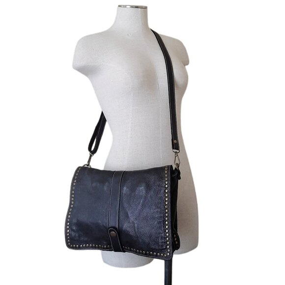 Costanza Rota Handbags - Costanza Rota Black Leather and Brass Stud Crossbody Messenger Flap Bag